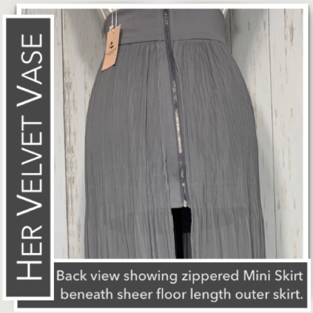 HerVelvetVase “Poetry Pleat” Gray Sheer Maxi Skirt Over Mini Skirt, NWT Small - Picture 5 of 8